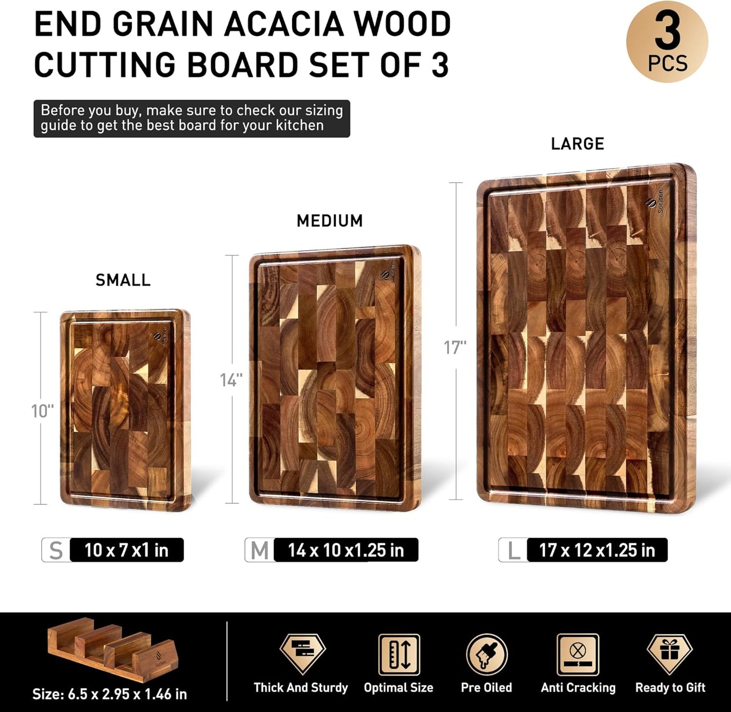 End Grain Cutting Board for Kitchen with Non-slip Feet, Acacia Wood Heavy Duty Checkered Cutting Board Upgraded Chopping Board with Juice Groove & Handle Large Wooden Butcher Block with Gift Box