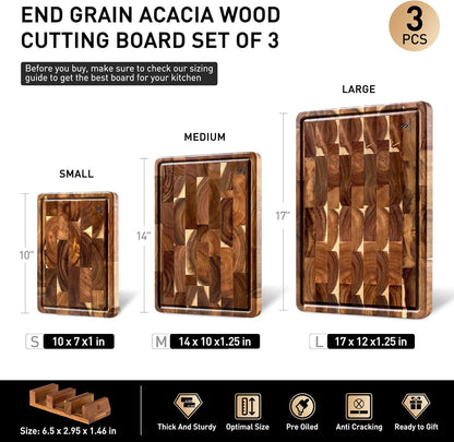 End Grain Cutting Board for Kitchen with Non-slip Feet, Acacia Wood Heavy Duty Checkered Cutting Board Upgraded Chopping Board with Juice Groove & Handle Large Wooden Butcher Block with Gift Box