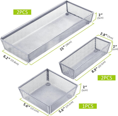 Neudeco Silverware Organizer,Mesh Drawer Organizer for Kitchen，Metal Utensil Organizer for Flatware, Knives, Spoons,Cosmetic (Silver 9 * 3 * 2 inch Pack6)