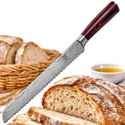 Premium 10-inch Serrated Bread Knife | Razor Sharp Cutter for Homemade Bread, Sourdough & Cake | Elegant Kitchen Essential for Effortless Slicing, Damascus Steel Lasered Pattern | Kitchen Gifts