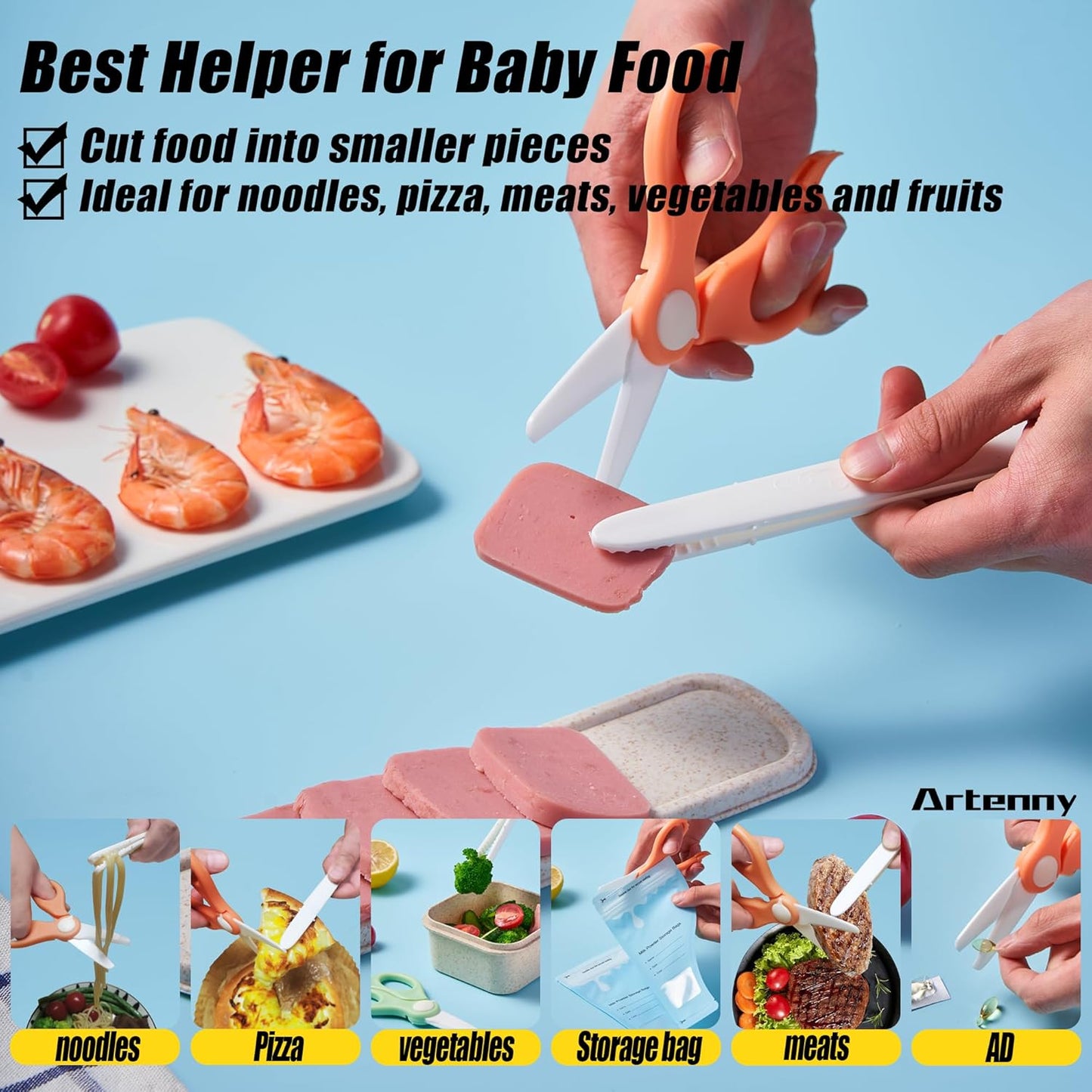 Baby Food Scissors with Travel Case and Tongs Set, Fully Detachable Ceramic Kids Food Scissors with Safety Lock, Dishwasher Safe, Ideal for Noodles, Meats, Vegetables, Pizza and Fruits (A)