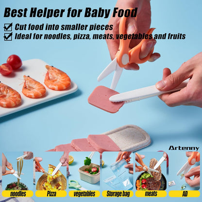 Baby Food Scissors with Travel Case and Tongs Set, Fully Detachable Ceramic Kids Food Scissors with Safety Lock, Dishwasher Safe, Ideal for Noodles, Meats, Vegetables, Pizza and Fruits (A)