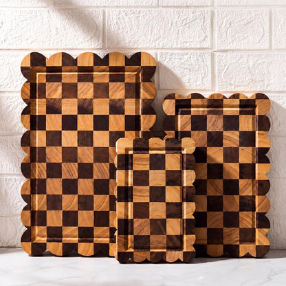 Nuanchu 3 Pcs Checkered Scalloped Cutting Board for Kitchen, Wood Chopping Board with Juice Grooves, Decorative Cutting Boards for Serving, Butcher Block for Meat and Bread (9x5.9,12x7.9,15x10 Inch)