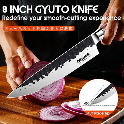 Huusk Butcher Knife Set of 3- Japanese Knife Set for Meat Cutting, Hand Forged Viking Knives Sets with Meat Cleaver, Heavy-Duty Kitchen Knives Sets for Bone BBQ Vegetable, Gift Idea for Men & Women