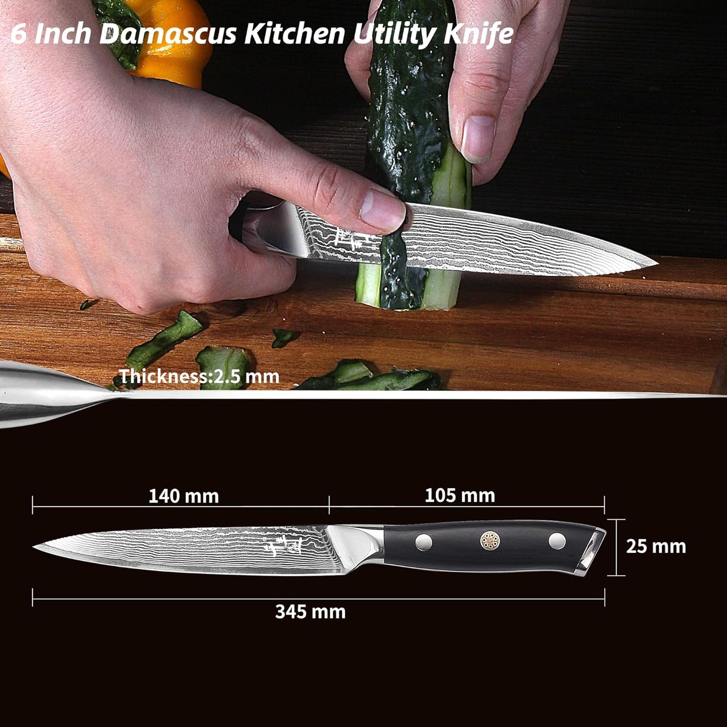 Damascus Kitchen Utility Knife, 5.5" Paring Knife VG10 Damascus Stainless Steel, 67-Layer Forged Blade, Perfect for Peeling, Slicing & Trimming