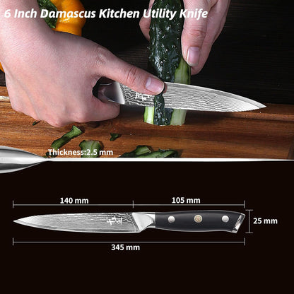 Damascus Kitchen Utility Knife, 5.5" Paring Knife VG10 Damascus Stainless Steel, 67-Layer Forged Blade, Perfect for Peeling, Slicing & Trimming