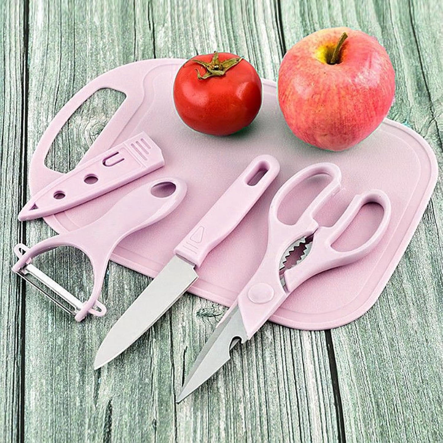 Magicorange Travel Cutting Board Set, 4 Pcs Portable Mini Camping Plastic Cutting Board Set & Stainless Steel Knife with Sheath, Fruits & Vegetable Peeler Scissors (Pink)