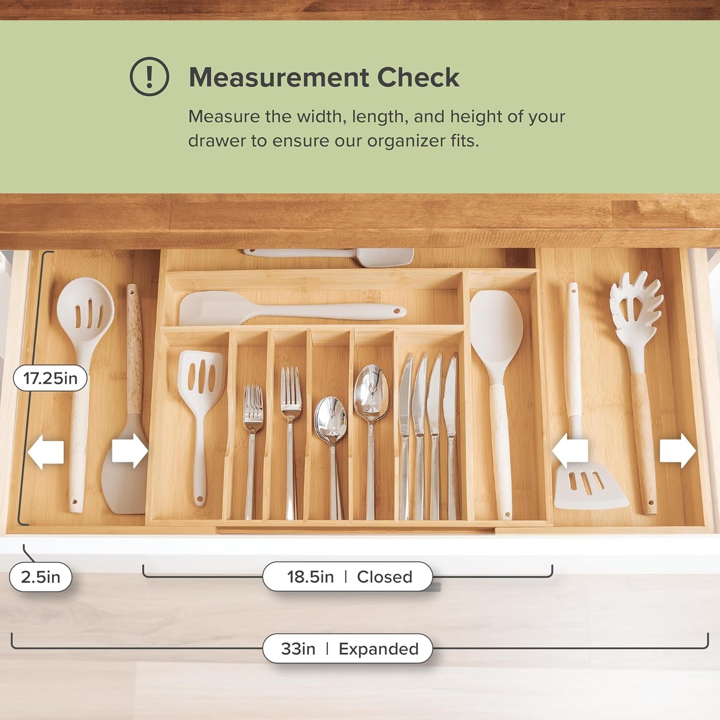 KitchenEdge Premium Silverware, Flatware and Utensil Organizer for Kitchen Drawers, Food-Safe Contract Grade, Expandable from 18 to 33 In, Natural Bamboo