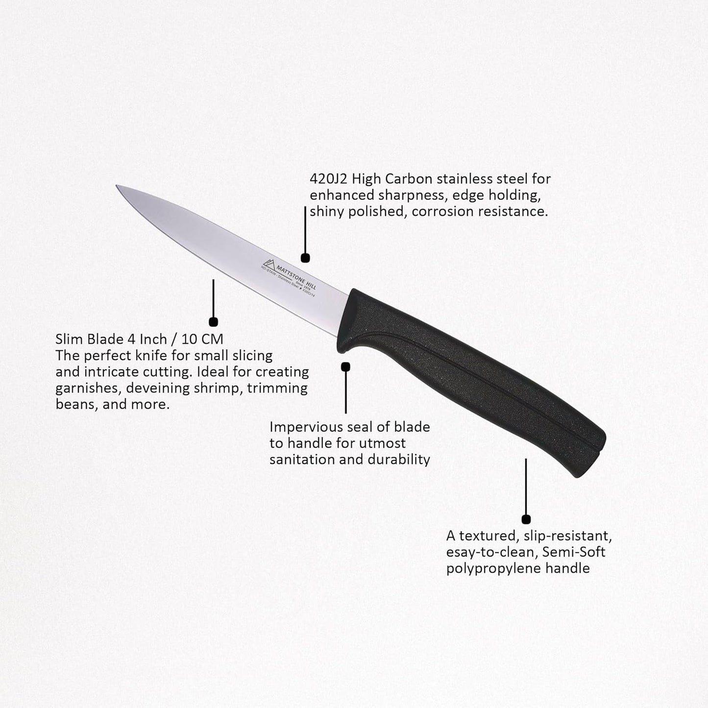 Kitchen Utility Knife - MATTSTONE HILL 4 Inch Paring Knife, Small Fruit & Vegetable Knife, Premium German Stell Blade, Black Handle
