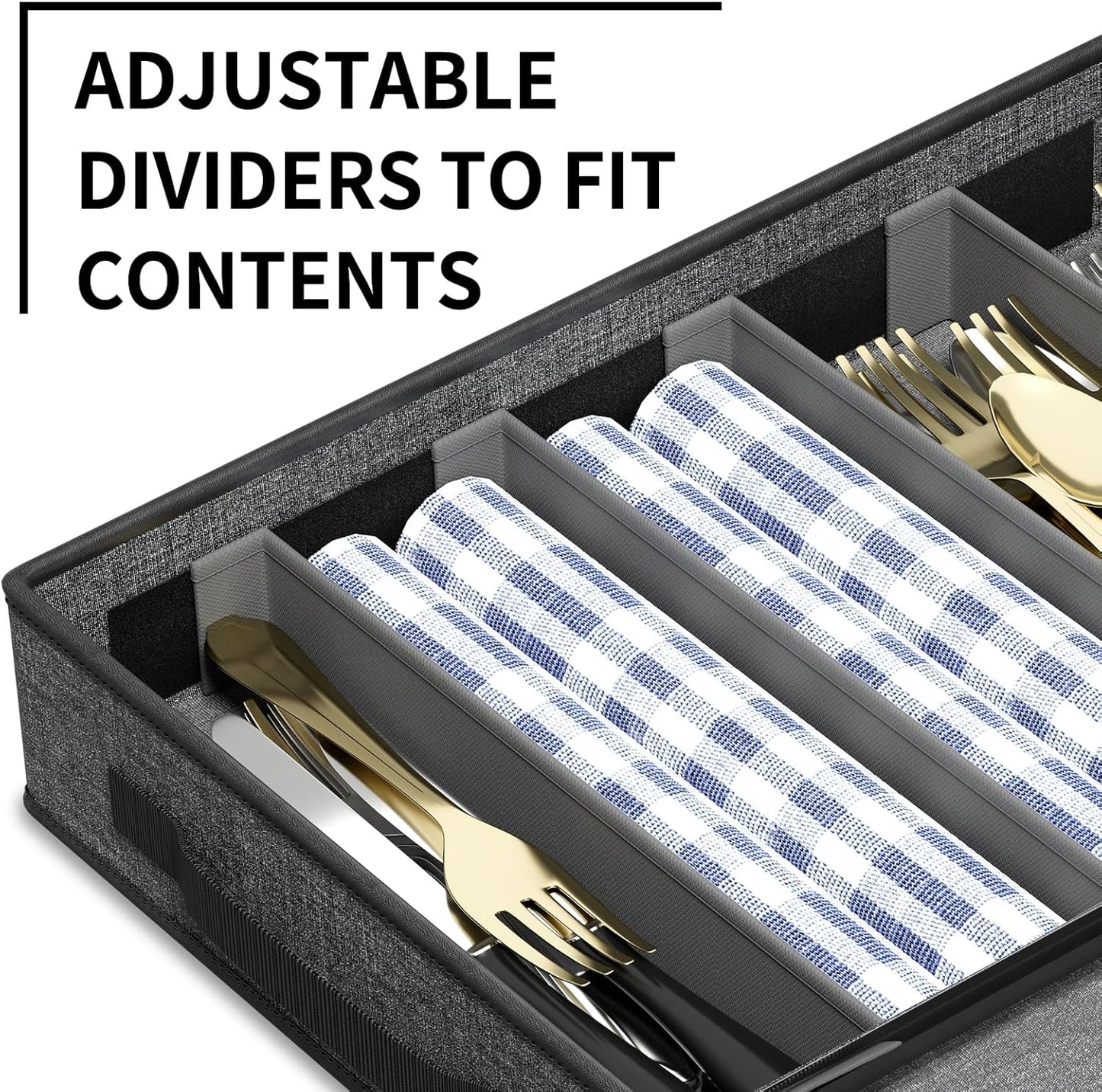 Aokeyee 2-Pack Silverware Storage Box, Sturdy Flatware Organizer with 5 Compartments & Adjustable Dividers, Utensil Case with Clear Lid & Handle for Knives, Forks & Spoons, Gray