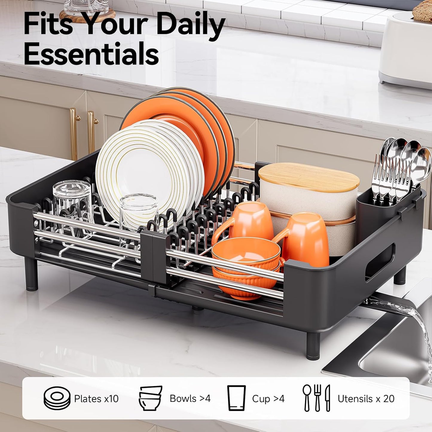 Urackify Stainless Steel Dish Drying Rack - Dish Drainer for Kitchen Counter, Extendable Drainboard with Foldable, Space-Saving Cup & Bowl Organizer, Includes Knife and Utensil Holder, Matte-Green