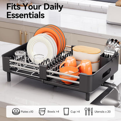 Urackify Stainless Steel Dish Drying Rack - Dish Drainer for Kitchen Counter, Extendable Drainboard with Foldable, Space-Saving Cup & Bowl Organizer, Includes Knife and Utensil Holder, Matte-Green