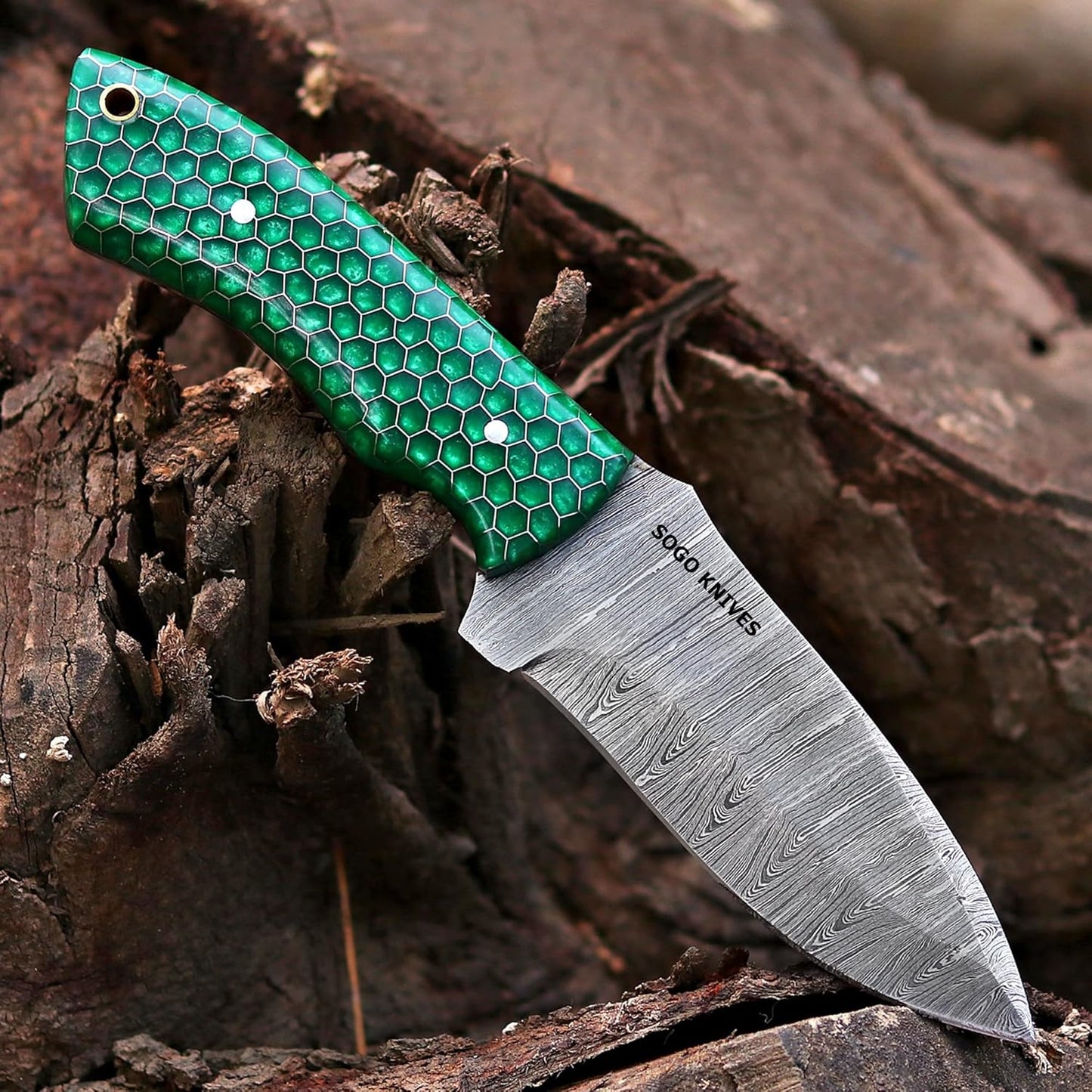 Fixed Blade Damascus Steel Hunting Knife with Leather Sheath, 9'' Full Tang Hunting Skinning,Non-Slip Wooden Handle,Camping Knife (VENGI)