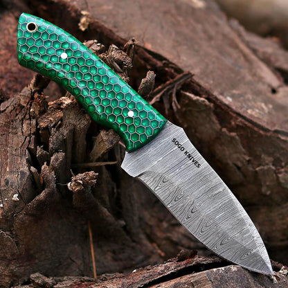 Fixed Blade Damascus Steel Hunting Knife with Leather Sheath, 9'' Full Tang Hunting Skinning,Non-Slip Wooden Handle,Camping Knife (VENGI)
