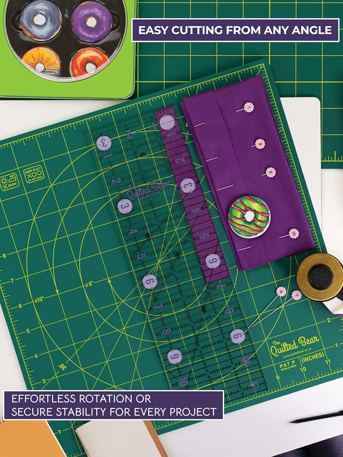 The Quilted Bear Rotating Cutting Mat 12" x 12" - Locking & Rotating Self Healing Cutting Board for Sewing, Fabric & Quilting - 360 Degree Sewing Supplies Mat for Craft Table (Pink)