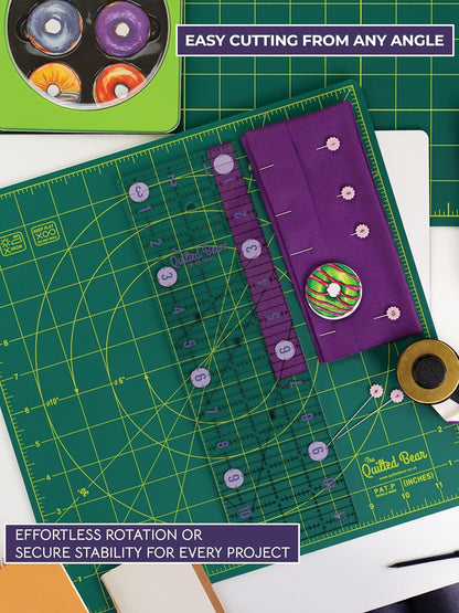 The Quilted Bear Rotating Cutting Mat 12" x 12" - Locking & Rotating Self Healing Cutting Board for Sewing, Fabric & Quilting - 360 Degree Sewing Supplies Mat for Craft Table (Pink)
