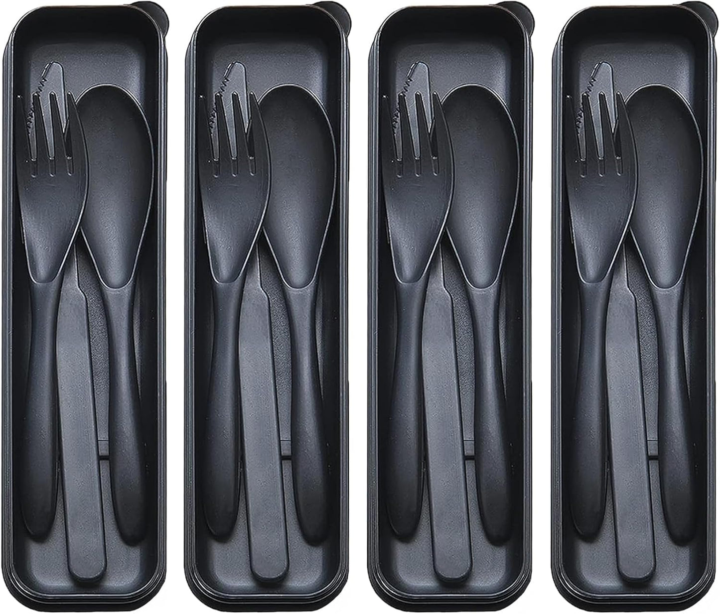 Reusable Travel Utensils Set with Case, 4 Sets Wheat Straw Portable Plastic Fork Spoons Knife Cutlery, Camping Eco-Friendly BPA Free Tableware for Kids Adults Work Picnic or Daily Use (Black)