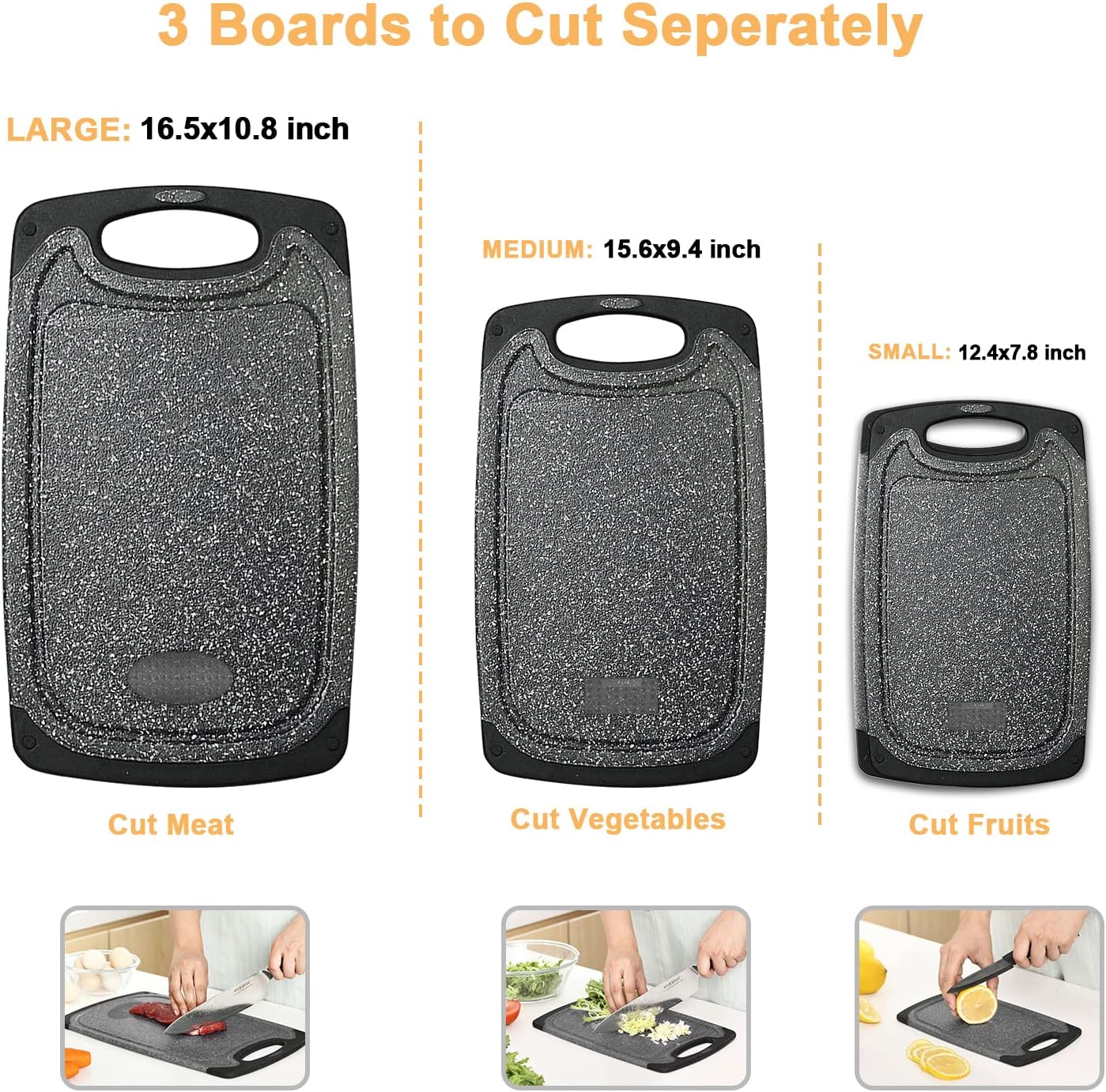 Viretang Plastic Cutting Boards Set of 3 for Kitchen, Thick Chopping Board with Deep Juice Grooves, Non‑Slip Feet, Easy Grip Handle, BPA Free, Dishwasher Safe,Black