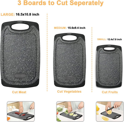 Viretang Plastic Cutting Boards Set of 3 for Kitchen, Thick Chopping Board with Deep Juice Grooves, Non‑Slip Feet, Easy Grip Handle, BPA Free, Dishwasher Safe,Black