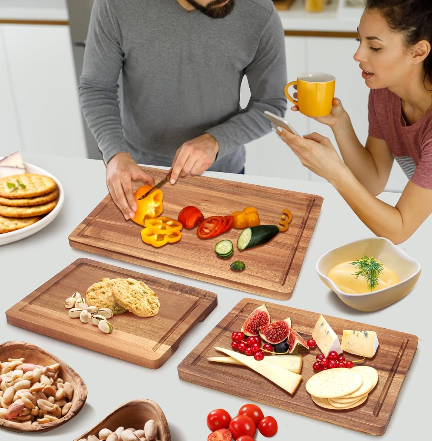 Solid Acacia Wood Cutting Boards for Kitchen Decor Wooden Charcuterie Board Meat Cheese Boards Butcher Block Pizza Bread Serving Board Hardwood Chopping Board Non Toxic Teak Small Cutting Boards