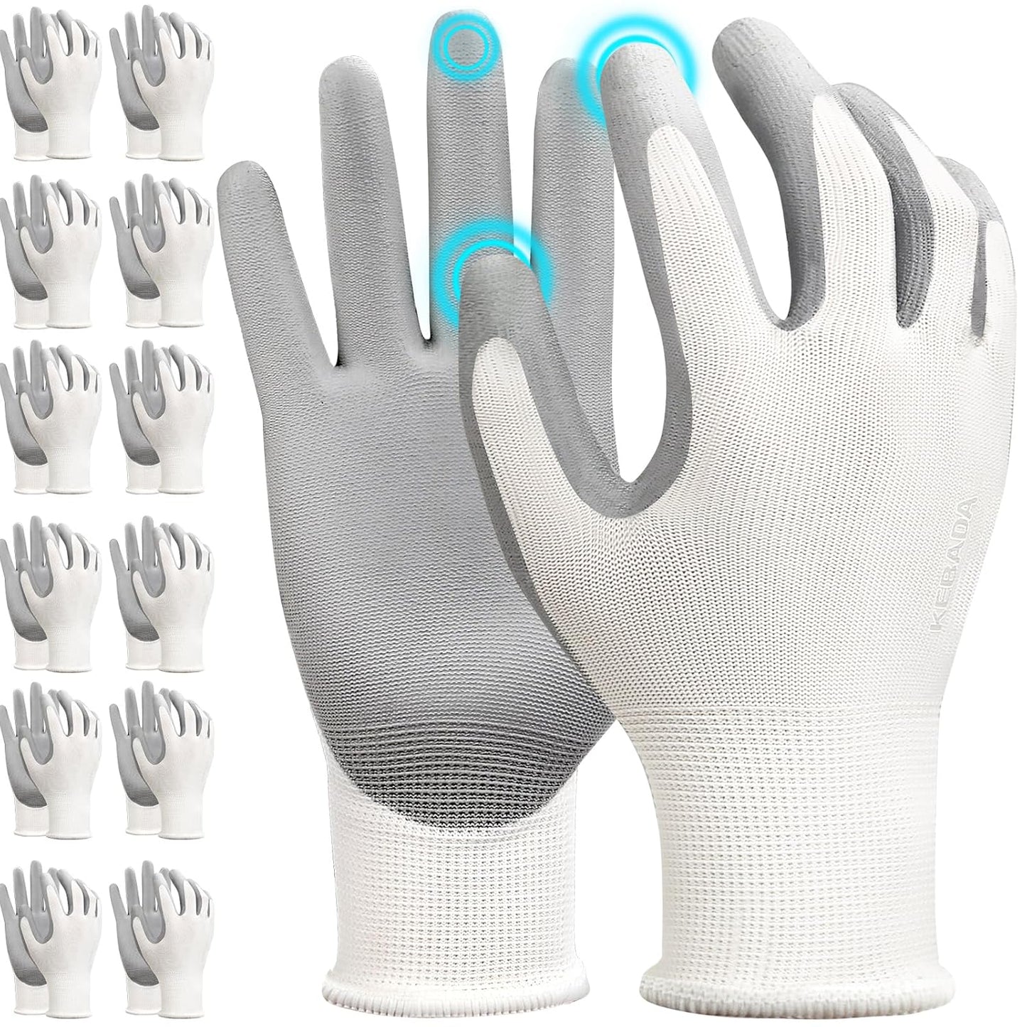 Kebada W1 Work Gloves for Men and Women, PU Coated Safety Gloves with Grip, Touchscreen, Ideal for Warehouse Package Handling, Construction, Gardening, 12 Pairs Gray Large