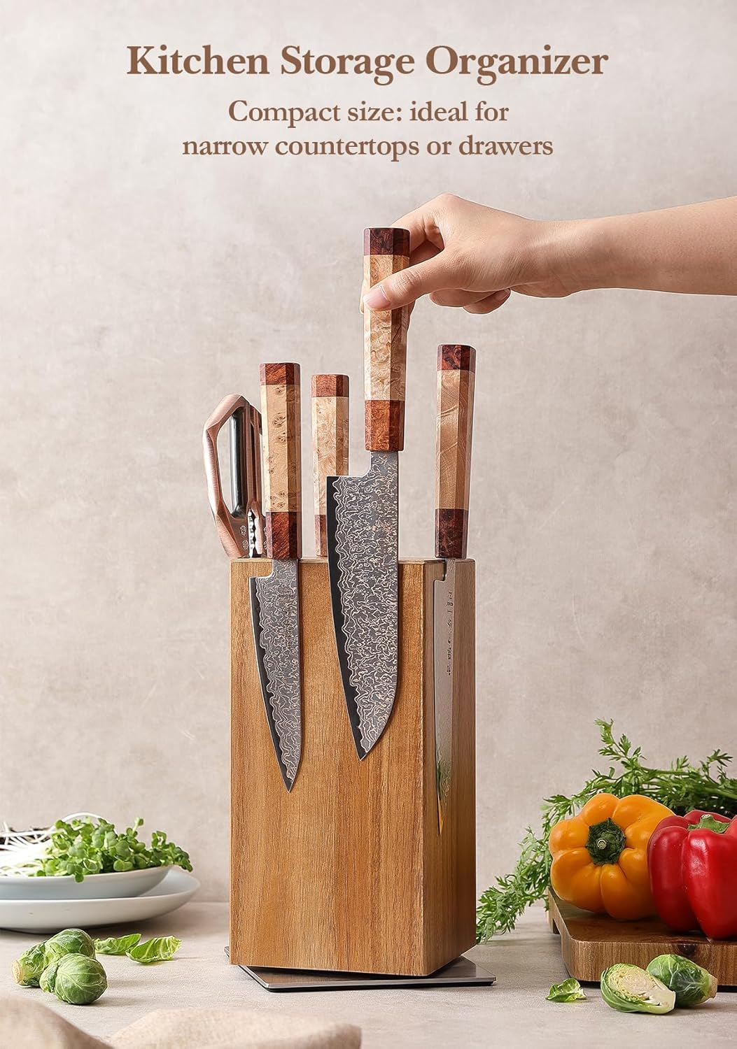 Strong Double Sided Magnetic Knife Block Without Knives, with Acacia Wood+430 Stainless Steel Base，Magnetic Universal Stands with Strong Enhanced Magnets Strip Kitchen Storage Cutlery Large Organizer