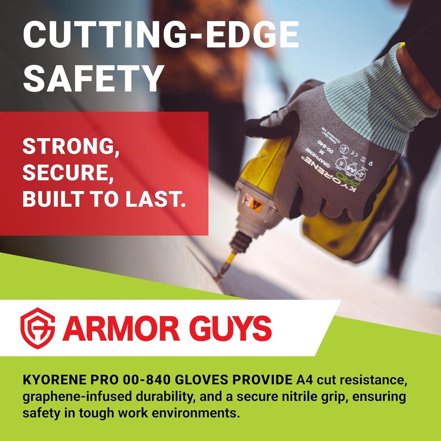 Armor Guys Kyorene Pro 00-840 A4 Cut Resistant Work Gloves - Graphene, Nitrile Grip, Durable, Breathable for Industrial Use - L, 12 Pairs