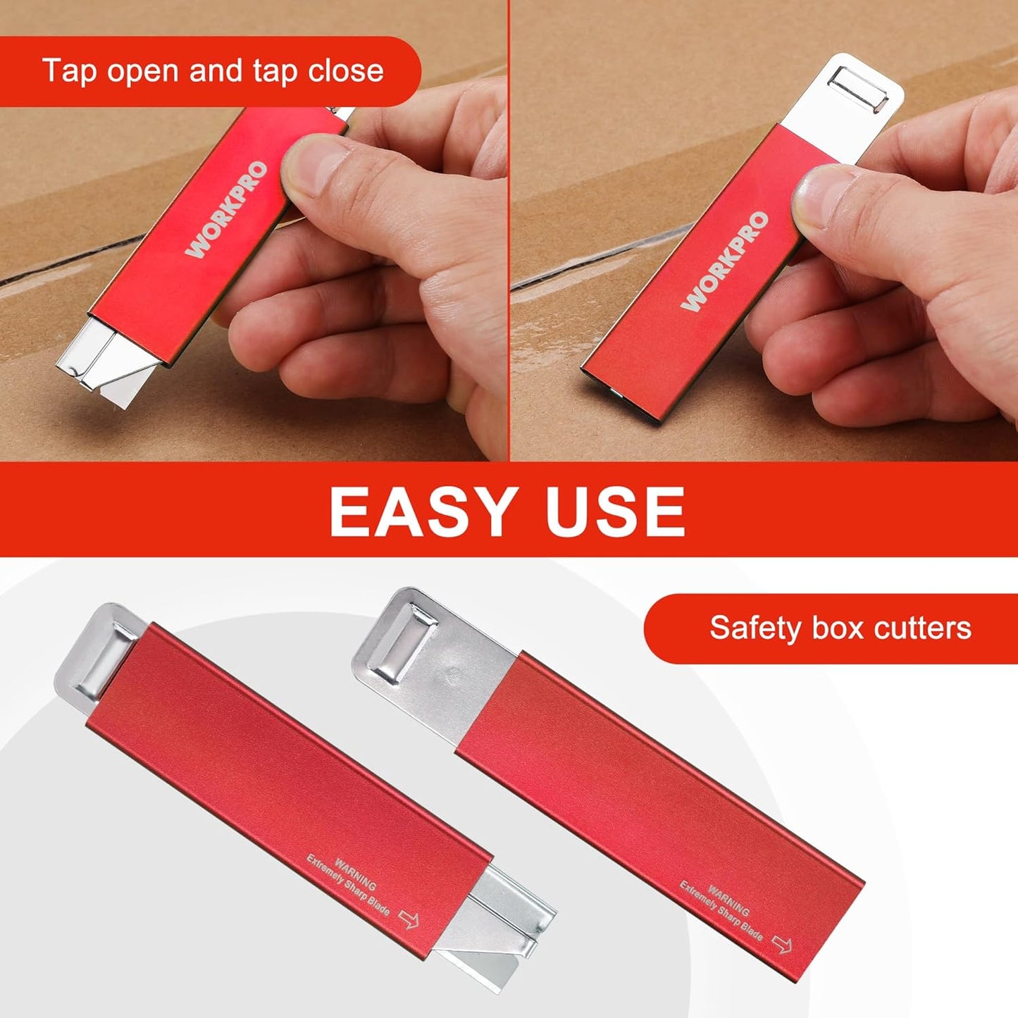 WORKPRO 12-Pack Box Cutter Retractable - Utility Knife with Single Edge Razor Blade - Razor Knife Box Opener Cardboard Cutter with Metal Sheathes- Extra 12-Pack Razor Blades for Replacement - Red