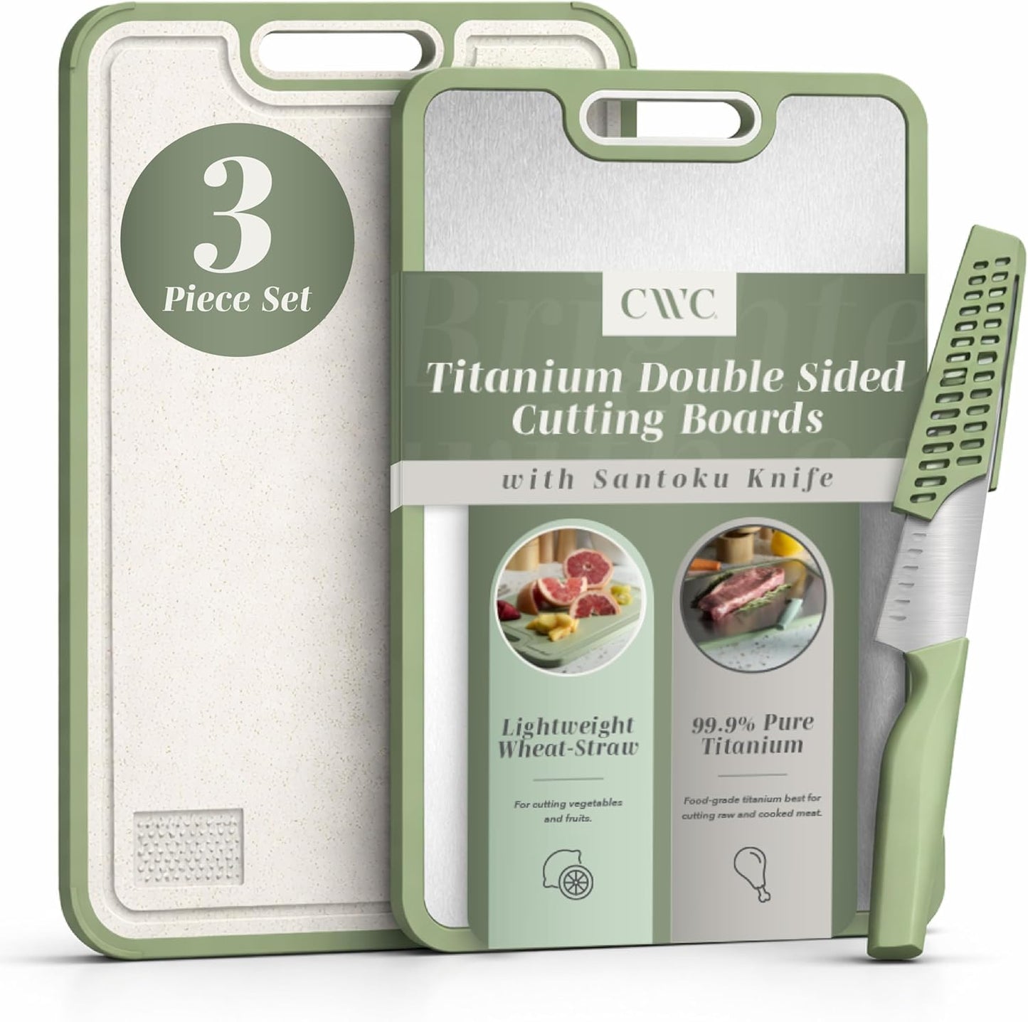 COOK WITH COLOR Titanium Cutting Board for Kitchen, 3 Pc Cutting Board Set with Knife, Double Sided Food Grade, Pure Titanium, Easy to Clean