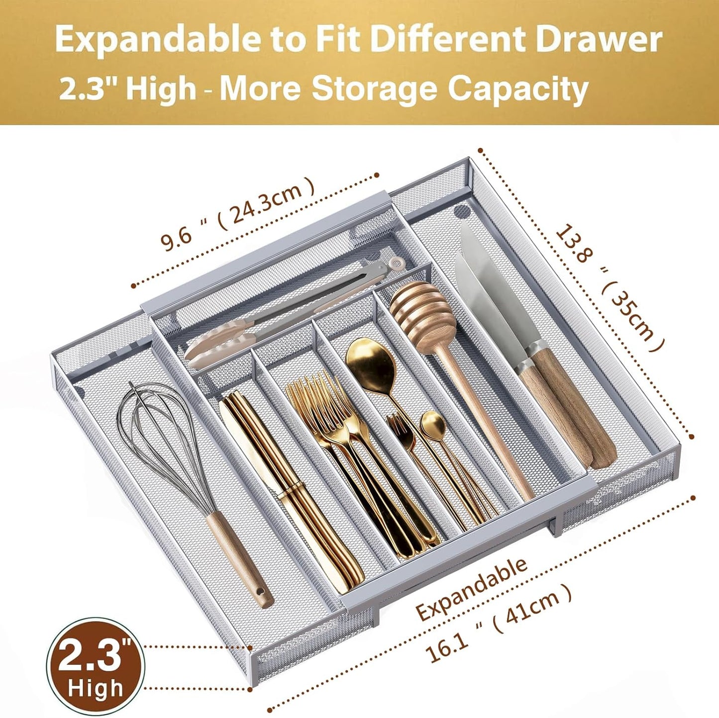 Sedegn Silverware Organizer Metal Mesh, Large Drawer Organizer, Utensil Cutlery Tray for kitchen drawers, Flatware Organizer with 6 Compartment, Black (11.3”*16“)