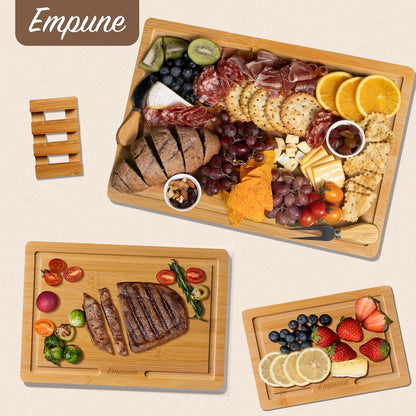 Empune Bamboo Cutting Boards for Kitchen, 3 Piece Extra Thick Cutting Board Set with Juice Groove, Deep Carbonized Bamboo Chopping Board, Reversible Wood Cutting Board for charcuterie boards, Brown