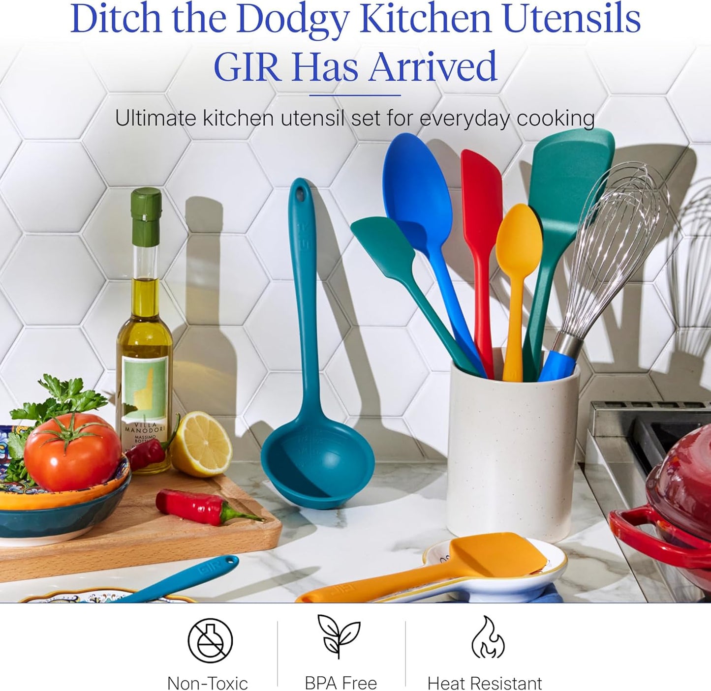 GIR: Get It Right 5 Piece Silicone Ultimate Kitchen Utensils Set - Ladle, Spatula, Flip, Spoon & Spoonula - Non-Toxic Cooking Utensils for Nonstick Cookware, Cooking and Baking - Red