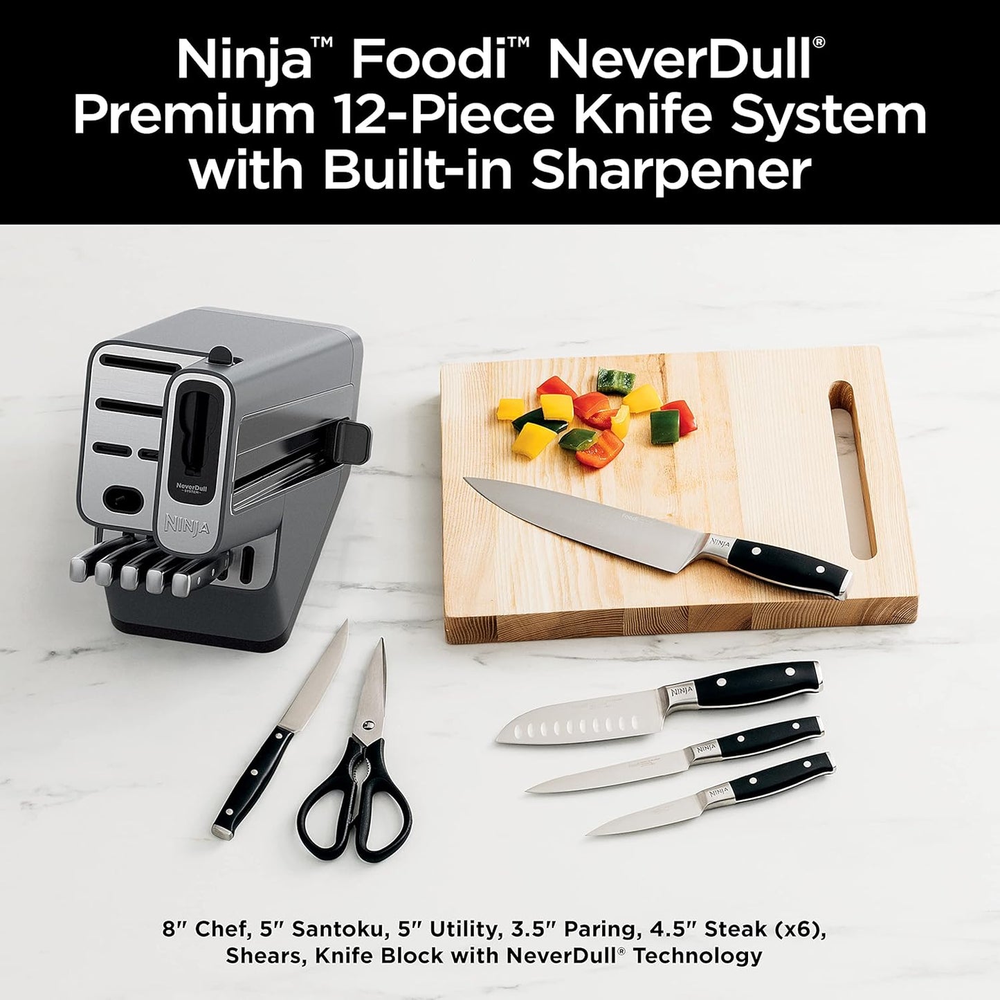 Ninja K32012 Foodi NeverDull Premium Knife System, 12 Piece Knife Block Set with Built-in Sharpener, German Stainless Steel Knives, Black