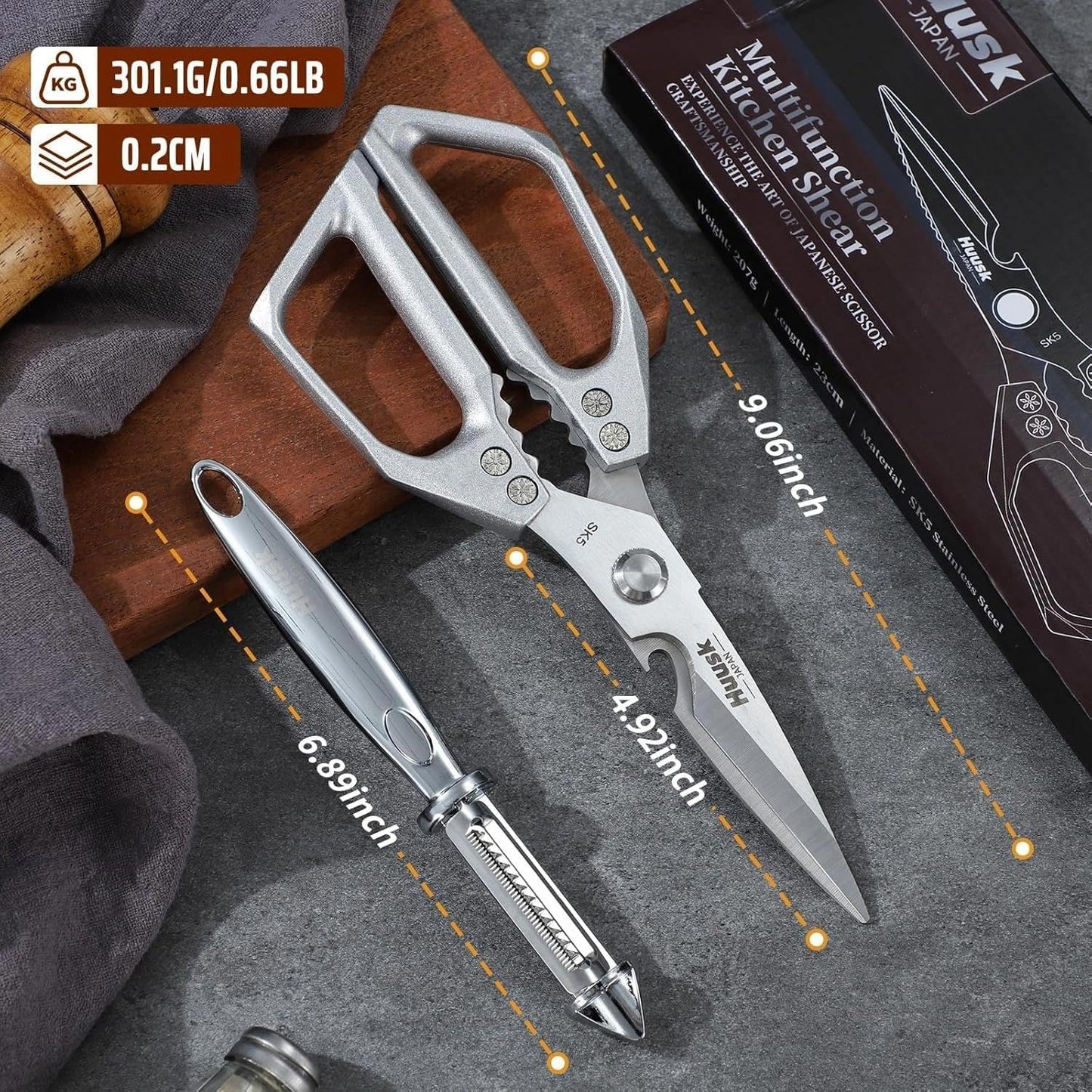 HUUSK Kitchen Scissors and Vegetable Peeler Set - Silver Stainless Steel Cooking Kitchen Shears for Food with Serrated Peeler, Heavy Duty Japanese Dishwasher Safe Meat Scissors, Gift for Men