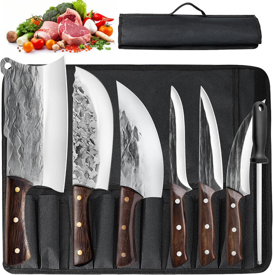 ZENG 8 Pieces Butcher Knife Set with Roll Bag, Chef Knife Set for Meat Cleaver Cutting & Viking Knives with Ergonomic Handles, Stainless Steel Hand Forged Kitchen Knife Set for Home, Cooking, Camping