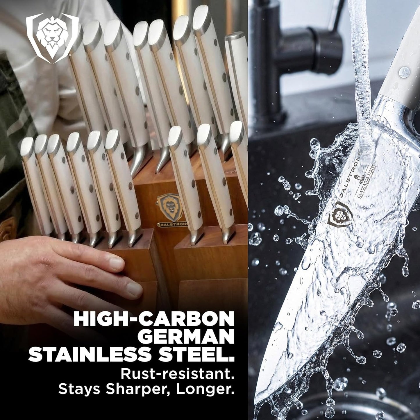 Dalstrong 18-Piece Gladiator Colossal Knife Block Set — German High-Carbon Steel, Full-Tang, Hand-Sharpened — For Home Chefs, Wedding Registries & Serious Kitchens — Acacia Wood Block, NSF Certified