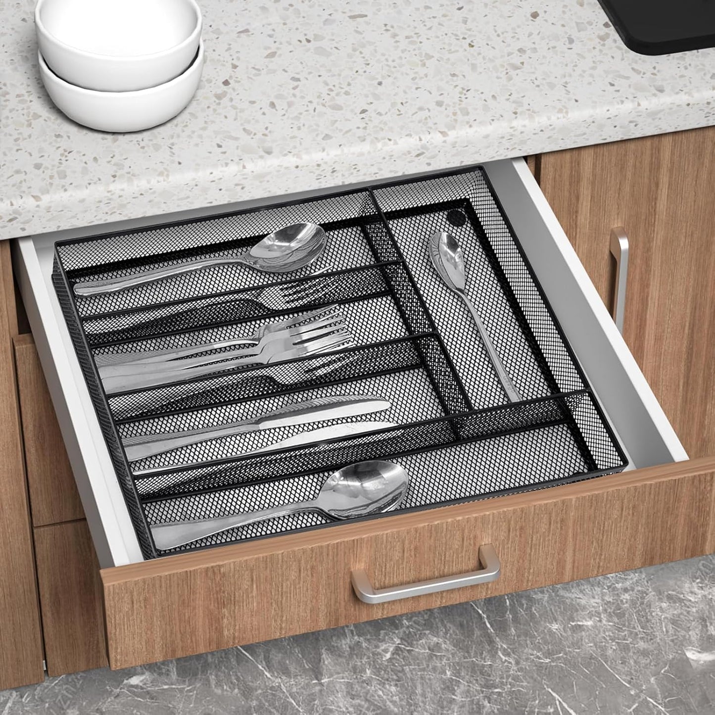 Neudeco Silverware Organizer,Mesh Drawer Organizer for Kitchen，Metal Utensil Organizer for Flatware, Knives, Spoons,Cosmetic (Silver 9 * 3 * 2 inch Pack6)