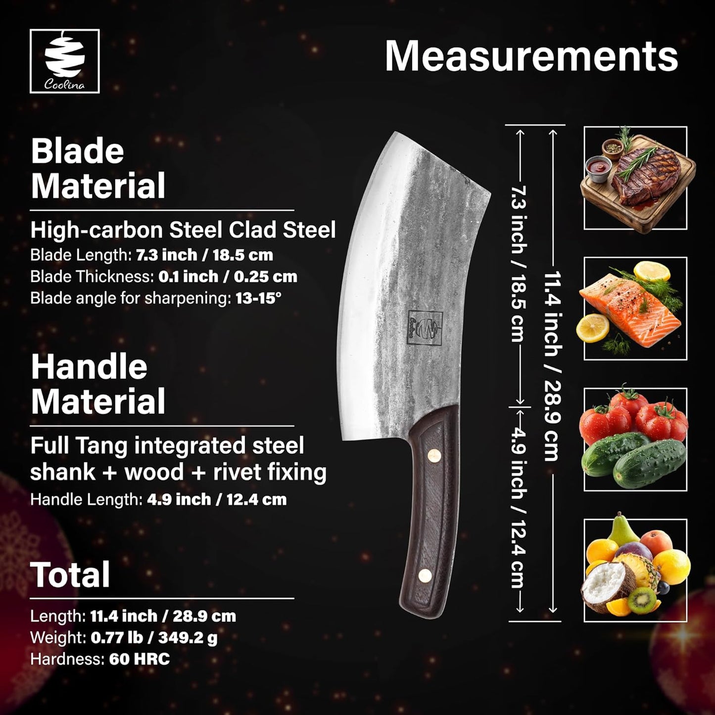 COOLINA Daozi 8" Butcher Knife, Hand-Forged High-Carbon Steel Cleaver for Heavy-Duty Meat Cutting, Slicing, Chopping, Brisket & BBQ, Full-Tang Forged Blade with Ergonomic Wood Handle