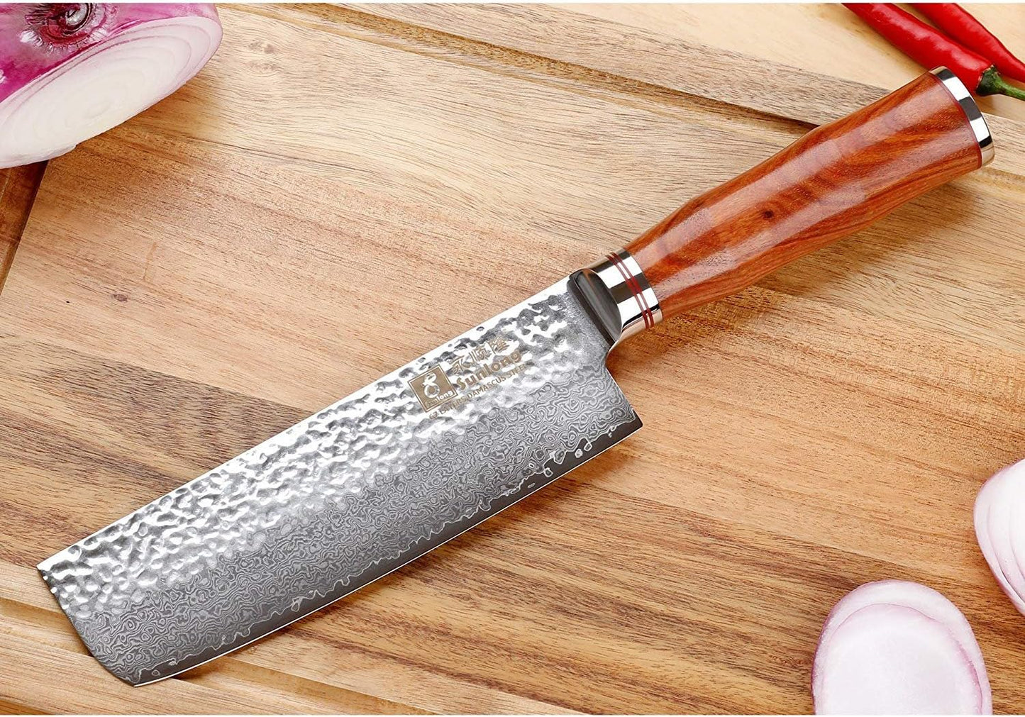 SUNLONG Nakiri Knife Usuba Knife 6.5 Inch Japanese Hammered Damascus Steel 67 Layer Bloodwood Handle
