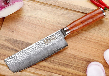 SUNLONG Nakiri Knife Usuba Knife 6.5 Inch Japanese Hammered Damascus Steel 67 Layer Bloodwood Handle