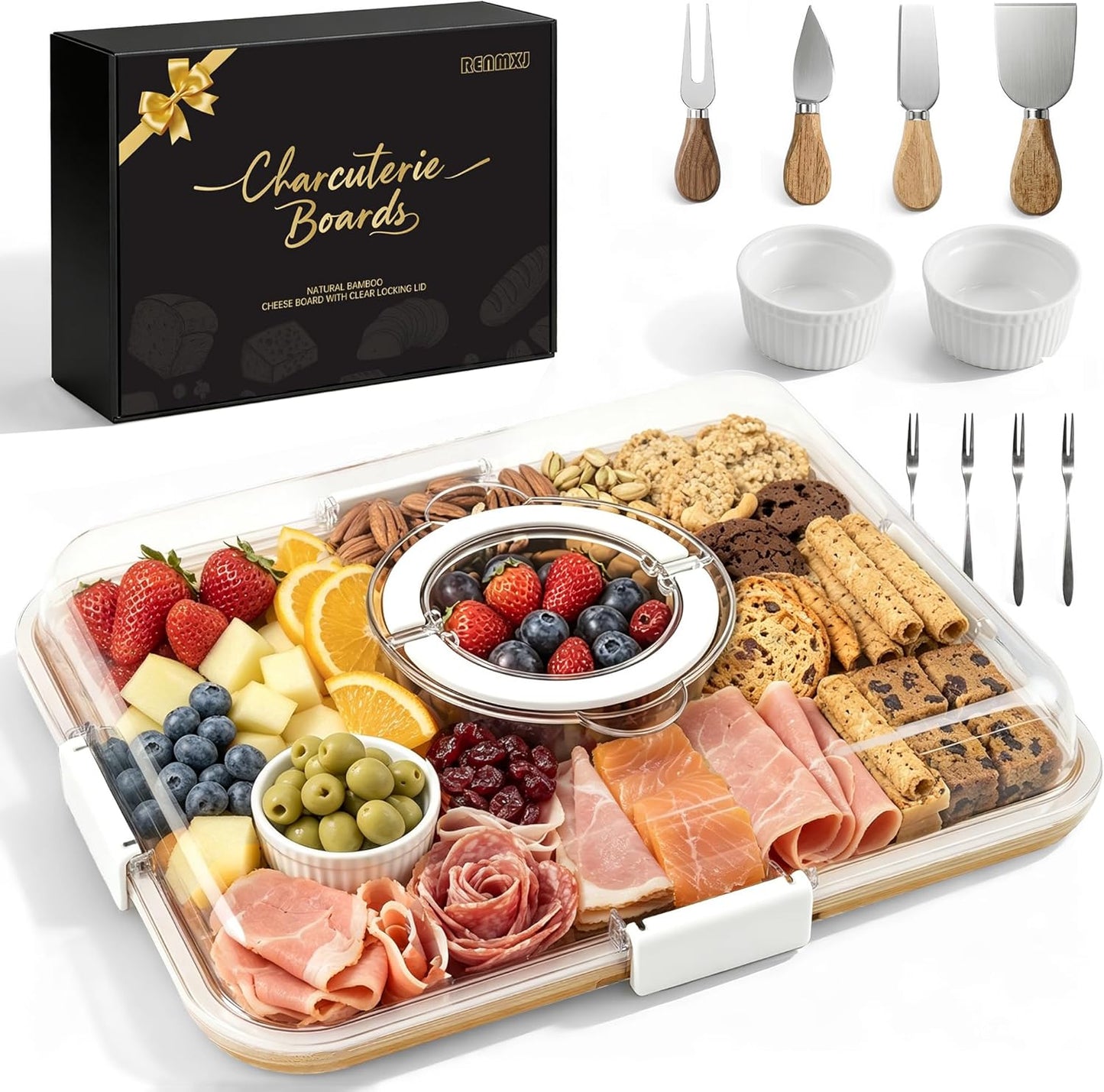 Renmxj Charcuterie Boards with Lid Gift Set, 2 in 1 Travel Portable Cheese Board with Knives Set, Natural Bamboo Charcuterie Tray, Housewarming Gifts New Home, Picnic, Wedding Gifts, Black Handle