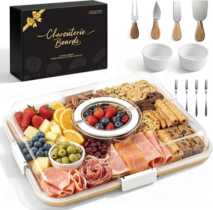 Renmxj Charcuterie Boards with Lid Gift Set, 2 in 1 Travel Portable Cheese Board with Knives Set, Natural Bamboo Charcuterie Tray, Housewarming Gifts New Home, Picnic, Wedding Gifts, Black Handle