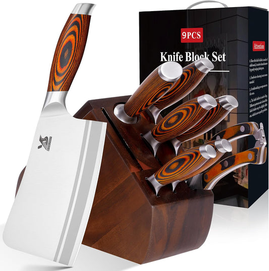 MSY BIGSUNNY Knife Block Set 17-piece Knife Set with Wooden Block - German Steel Perfect Cutlery Set Gift