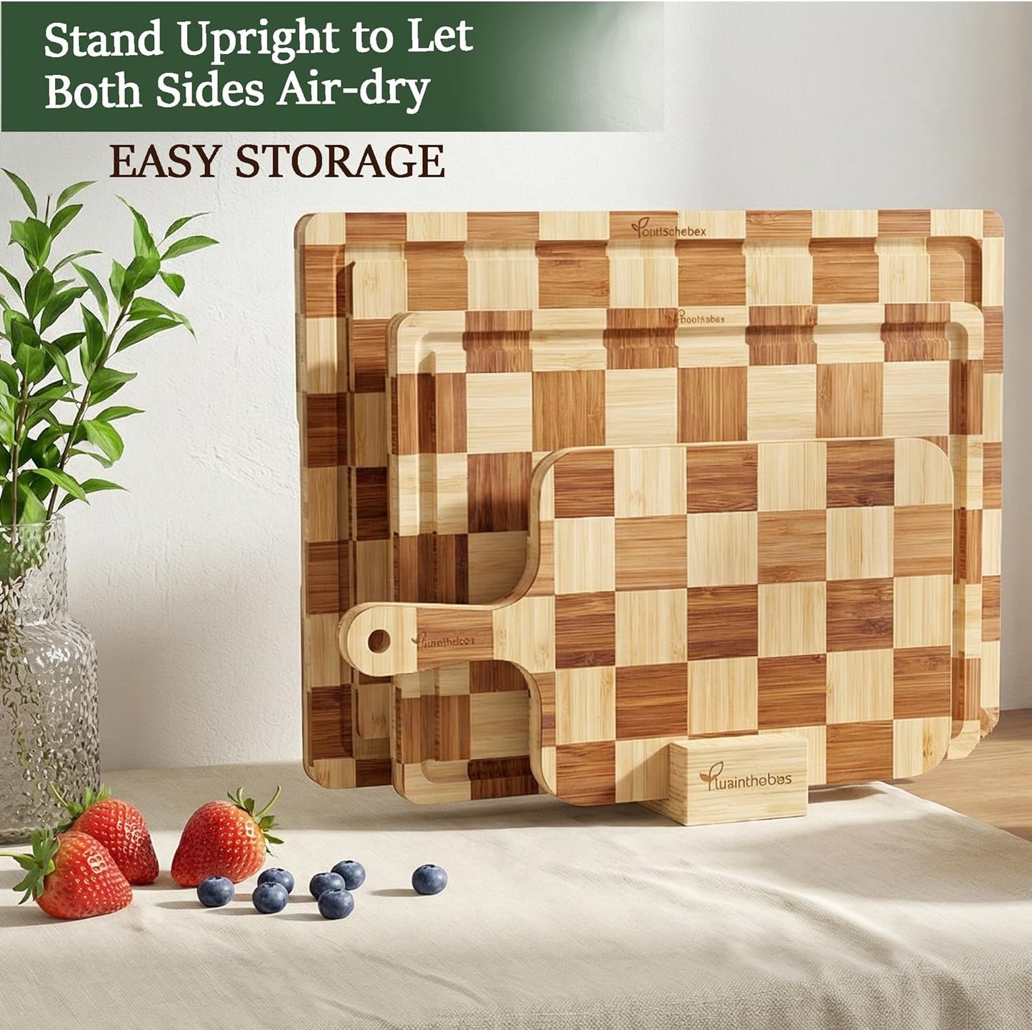 Cutting Board,Heavy Duty Cutting Board Set of 3 with Stand,End Grain Butcher Block Cutting Boards for Kitchen with Juice Grooves and Handles for Meat, Cheese, Charcuterie and Serving