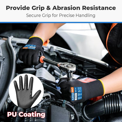 KAYGO 12 Pairs PU Coated Cut-resistant Gloves with Grip,Safety Work Gloves for Men Women,Full Fingers Touchscreen,Ideal for Warehouse,Wood Carving,Construction,ANSI Cut Level A1,KGP26