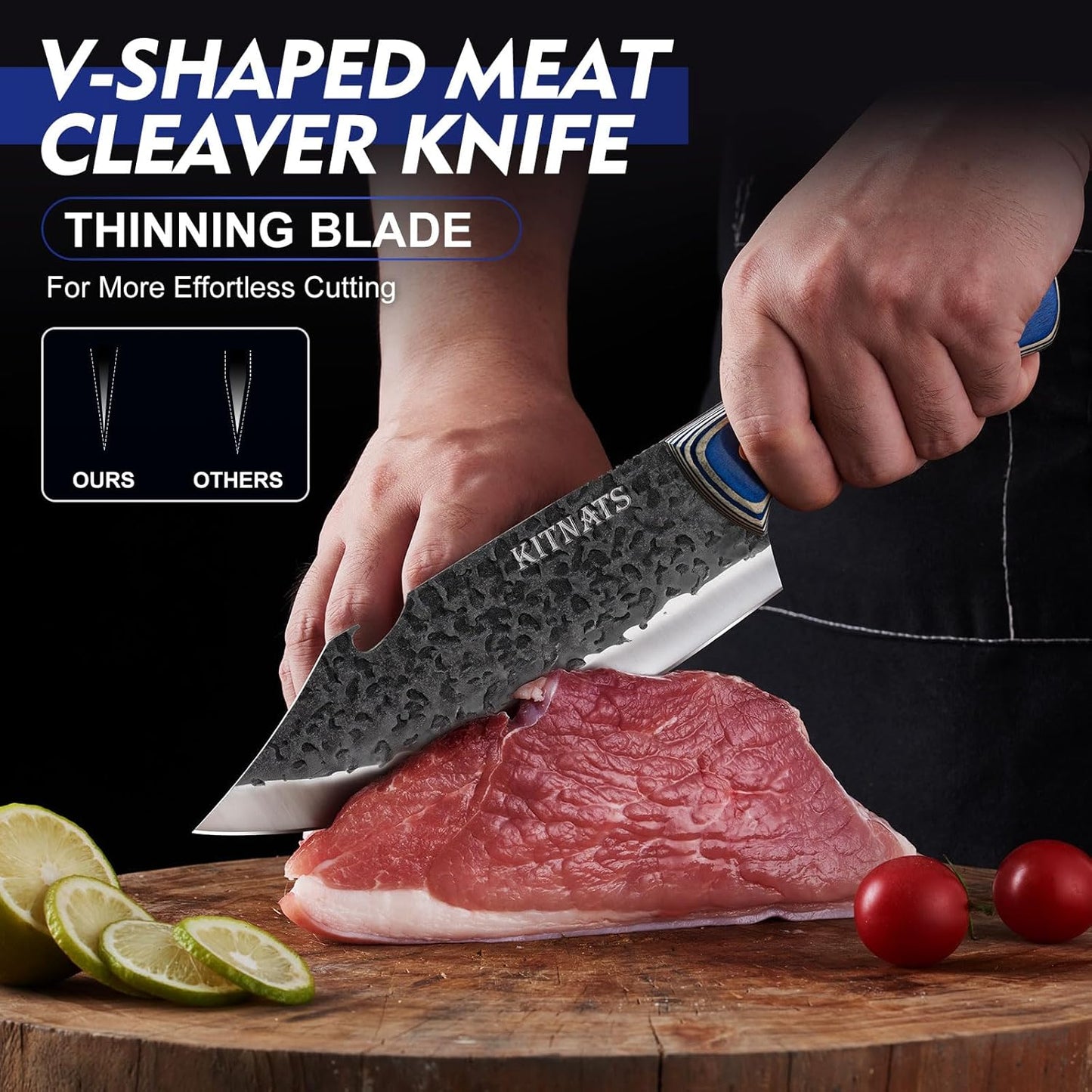 KITNATS 3PCS Butcher Knife Set, Hand Forged kitchen Knife Set-Heavy Duty Bone Chopper & Meat Cleaver & Viking Chef Knife Set for Home, Outdoor Cooking, Camping BBQ