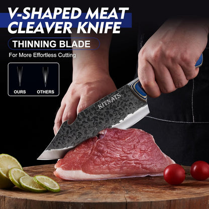 KITNATS 3PCS Butcher Knife Set, Hand Forged kitchen Knife Set-Heavy Duty Bone Chopper & Meat Cleaver & Viking Chef Knife Set for Home, Outdoor Cooking, Camping BBQ