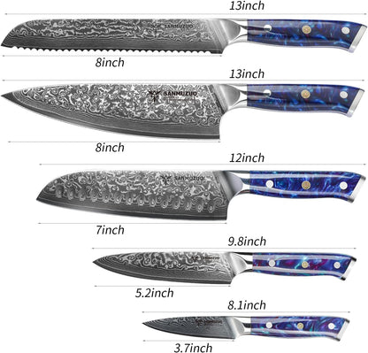 Steak Knives Set of 4, Ultra Sharp Non Serrated Kitchen Steak Knife 5 Inch - Damascus Steel & Resin Handle - Xuan Series (Sapphire Blue)