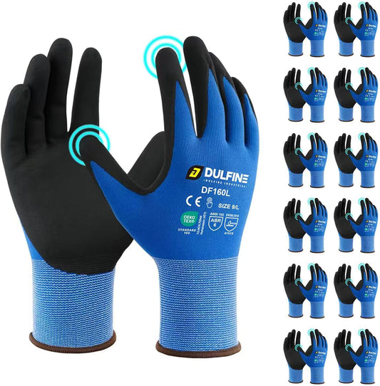DULFINE Safety Work Gloves for Men & Women, MicroFoam Nitrile Coated Nylon Black Grip for General Purpose, 3/6/12/36 Pairs