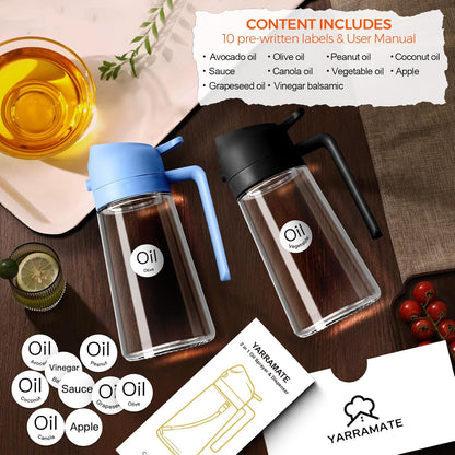 YARRAMATE 16oz/470ml Glass Olive Oil Sprayer for Cooking with Stickers, 2 in 1 Oil Dispenser for Kitchen Gadgets, Food Grade Premium Spray Bottle for Salad, Frying, BBQ (Creamy White)